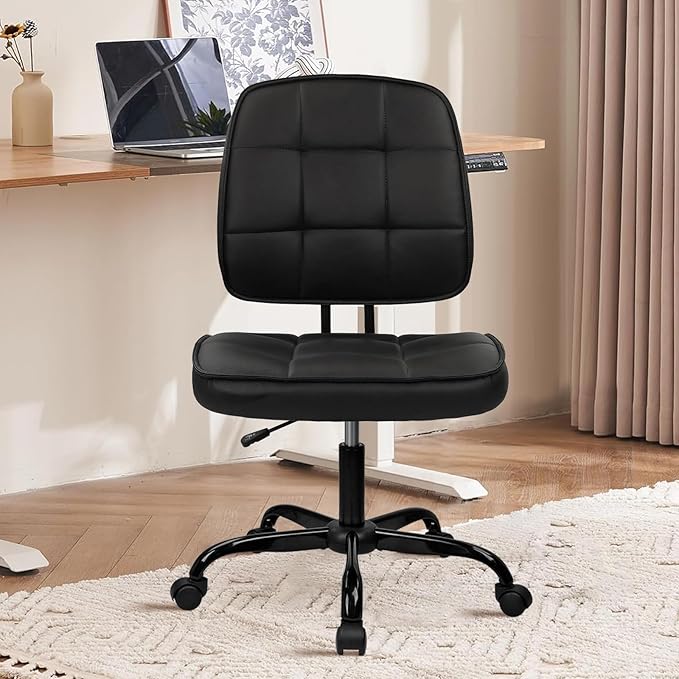 CLATINA Armless Home Office Chair with Lumbar Support and Wheels, Small PU Leather Ergonomic Low Back Desk Chairs No Arms, Adjustable Height 360° Swivel Rolling Computer Task Chair, Black, 6 Pack
