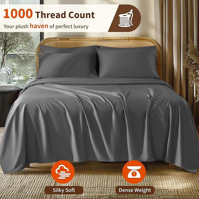 LBRO2M 1000 Thread Count 100% Egyptian Cotton Sheets Set 6 Piece Sets King Bed Sheet Deep Pocket Sheet Set 16" Soft Comfortable All Season (King, Dark Gray)