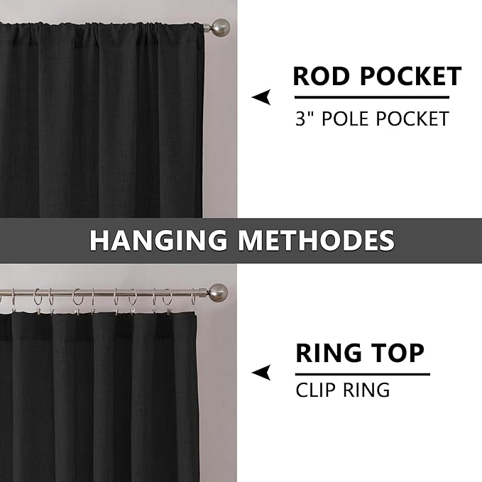 Tollpiz Short Linen Curtains Living Room Rod Pocket Semi Sheer Curtain Burlap Light Filtering Thick Linen Drapes for Bedroom, 54 x 54 inches Long, Black, Set of 2 Panels