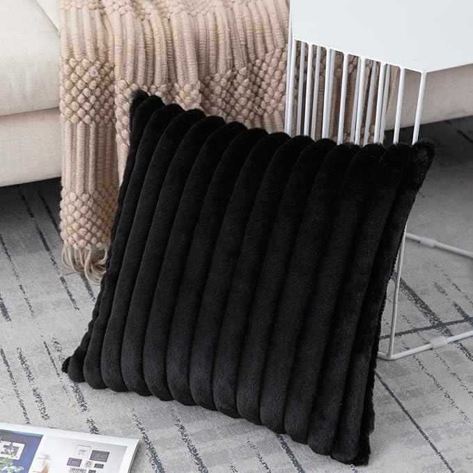 ZLINA Set of 2 Black Faux Fur Decorative Throw Pillow Covers Fluffy Striped Pillowcase Cushion Covers 16 x 16 Inch Decor Sofa Couch Bedroom