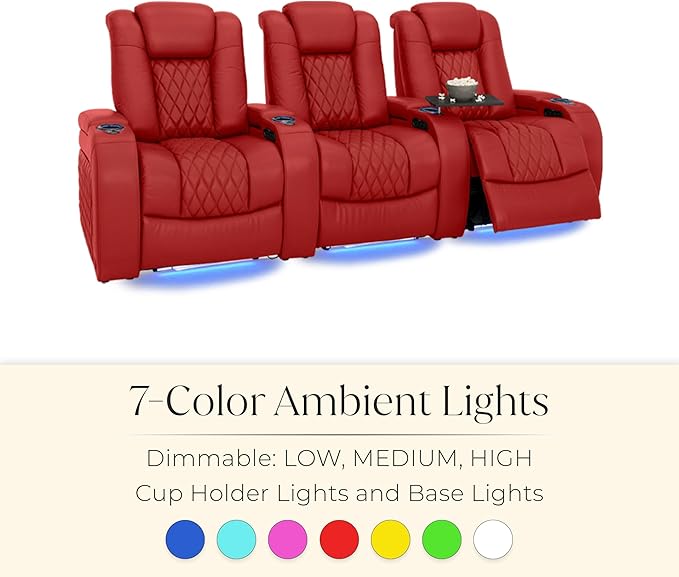 Seatcraft Diamante Zero-Gravity CoolZero Italian Leather Home Theater Seating, Power Headrest, Power Recline, Row of 3, Red