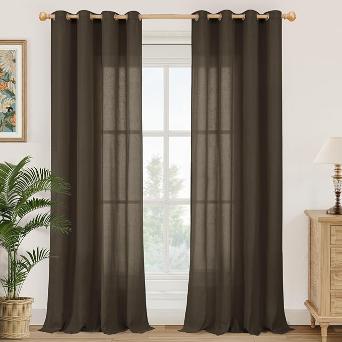 YoungsTex Brown Linen Semi Sheer Curtains 90 Inches Length for Living Room, Light Filtering Drapes Privacy with Grommet Decorative for Home Office Dining Room Bedroom, 2 Panels, 52 X 90 Inch
