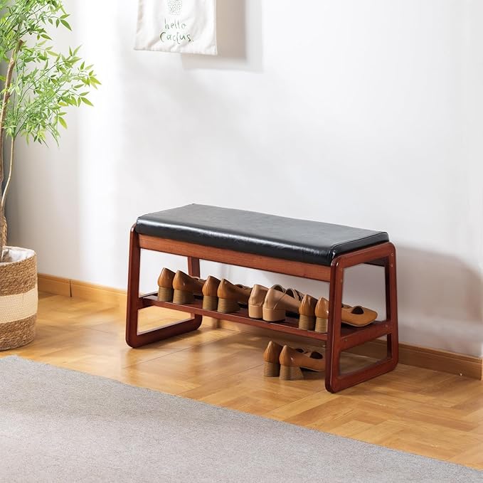 Solid Wood Shoe Bench, 2-Tier Wooden Entryway Bench, Modern Shoe Rack with Faux Leather Cushion for Hallway, Living Room (Black, 31.5'')