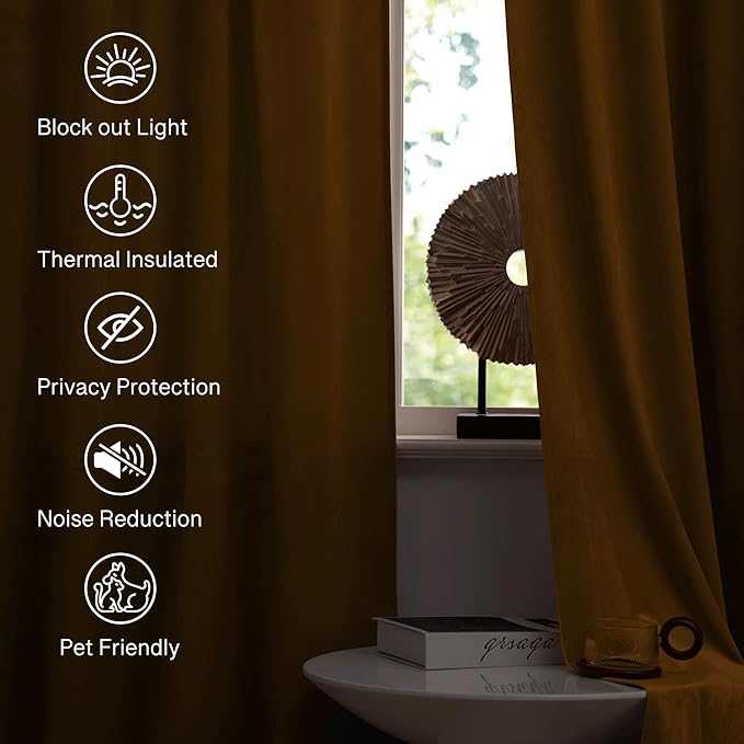 StangH Gold Brown Velvet Curtains 96 inches for Living Room, Room Darkening Thermal Insulated Privacy Drapes for Sliding Door, Vintage Wall Backdrop for Holiday, W52 x L96, 2 Panels