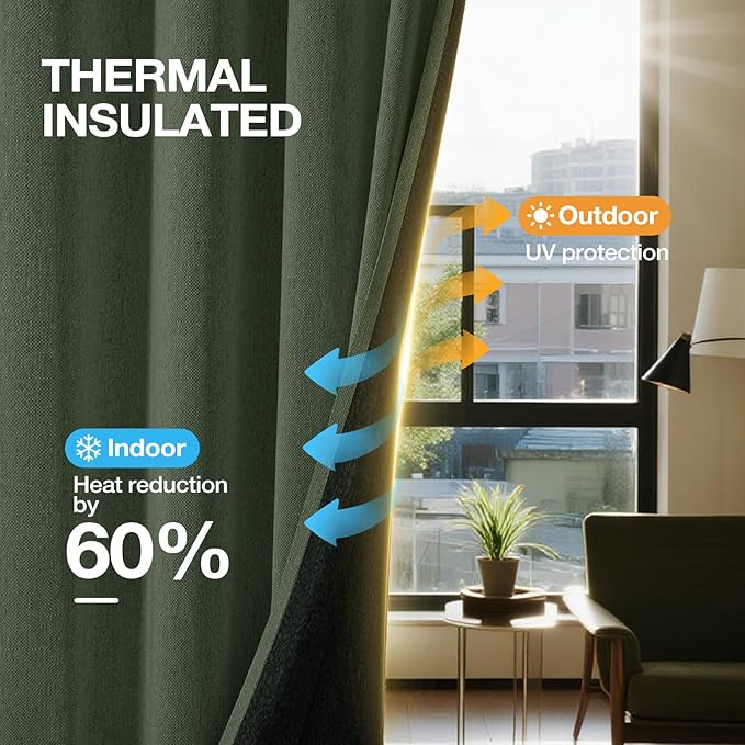 100% Blackout Curtains 72 inch Length 2 Panels Set for Dining Room Master Room, Thick Soft Linen-Look Textured Full Light Blocking Room Darkening Thermal Insulated Drapes (W52xL72, Olive)
