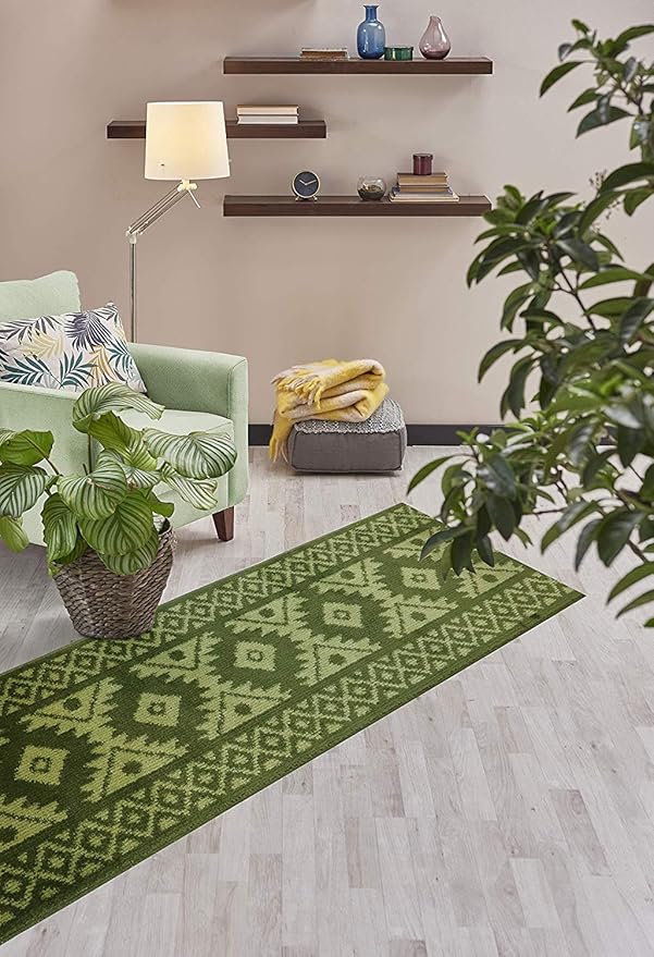 Custom Length Hallway Runner Rug,Slip Resistant,Southwestern Green, 26 Inch X 14 feet, Sold and Priced Per Foot
