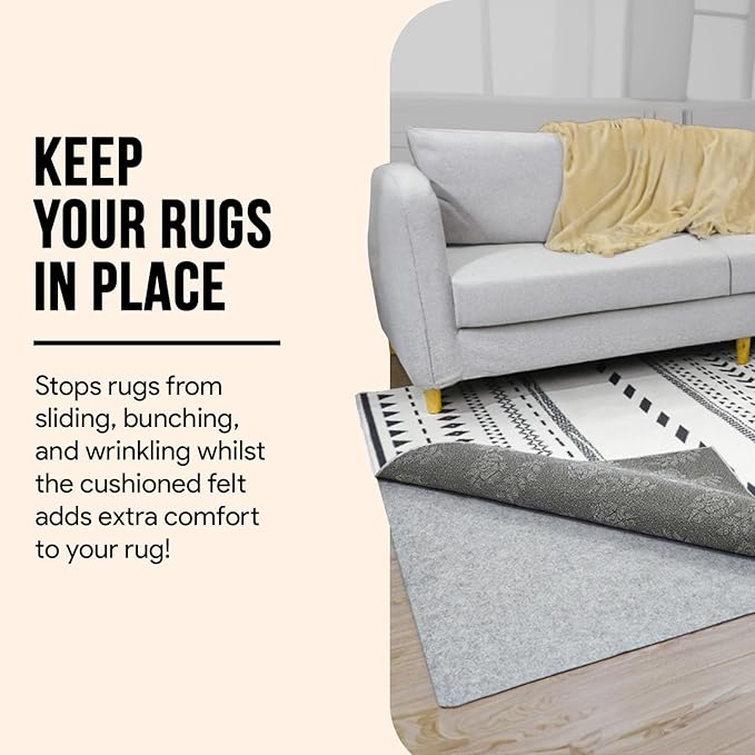 Non Slip Rug Pad 6x9 Feet, 4/25" Thick Felt Cushioned Rubber Rug Gripper Pad for Hardwood, Laminate, Stone, Tile, Wood, Vinyl Floors & Carpet, Anti Skid Under Area Rug Pads