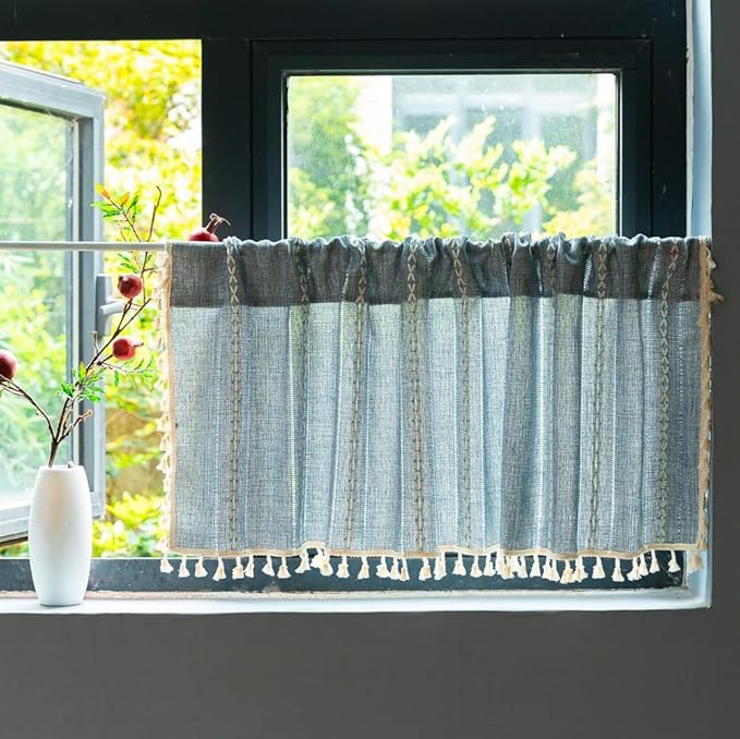 Sutuo Home Blue Boho Curtain 52W x 18L inch White Striped Light Filtering Short Valance, 1 Panel Embroidery Bohemian Farmhouse Country Kitchen Window Treatment Decor for Small Closet
