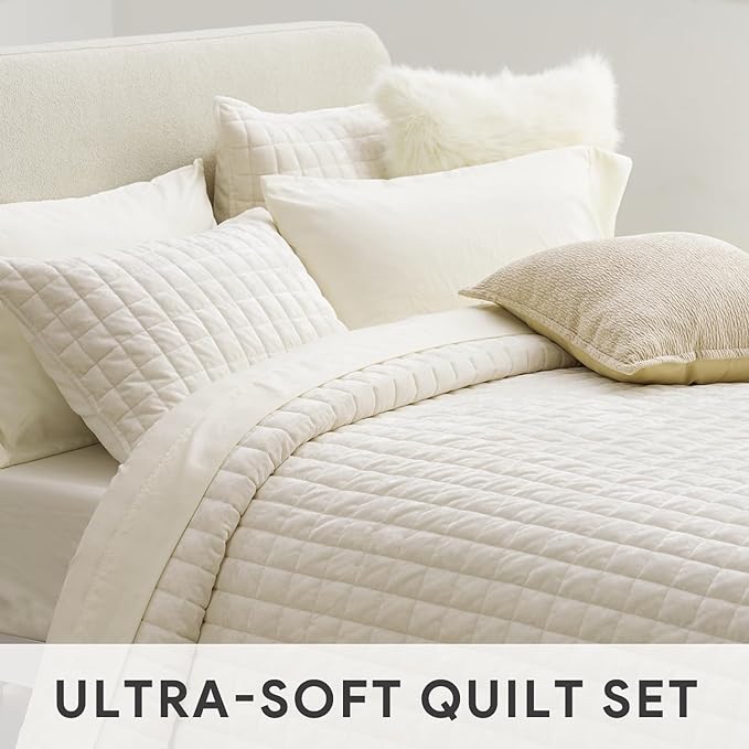 RECYCO Luxury Velvet Quilt Set King Size, Lightweight Velvet Comforter Set, Oversized Bedspread Coverlet Quilted Bedding Set, with 2 Matching Pillow Shams, for All Season, Cream White