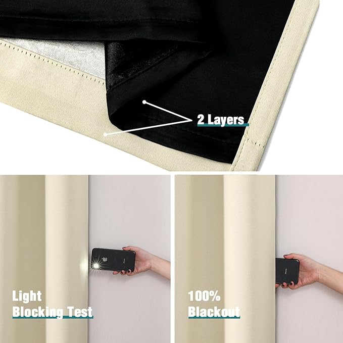 ChrisDowa 100% Blackout Curtains 54 inch Long for Bedroom with Black Liner, 2 Thick Layers Total Blackout Thermal Insulated Grommet Window Curtains 2 Panels Set (Light Beige, 52 x 54 Inch)