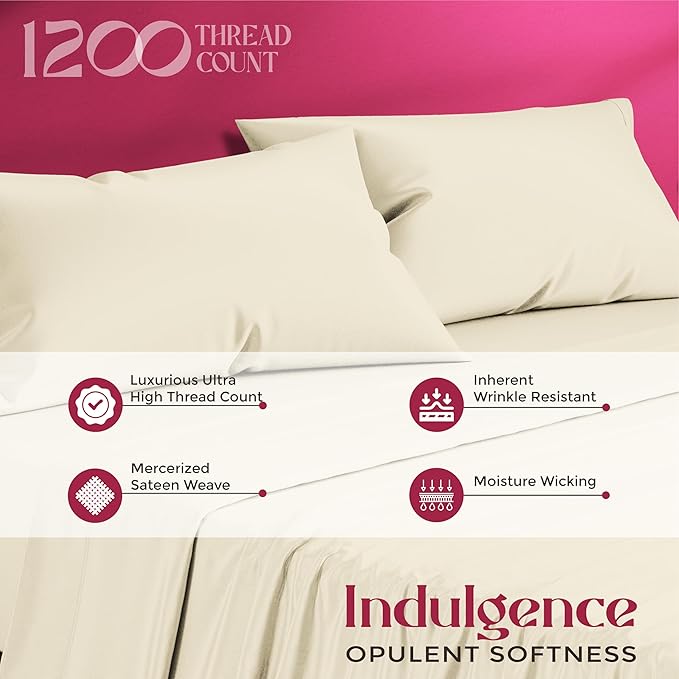 Mayfair Linen 100% Egyptian Cotton Full Size Bed Sheets - Luxury 1200 Thread Count Egyptian Cotton Sheets Full Size Bed Set (4 PC, Ivory), Silky Soft, Cooling, 17" Deep Pocket Sateen Weave Bedding