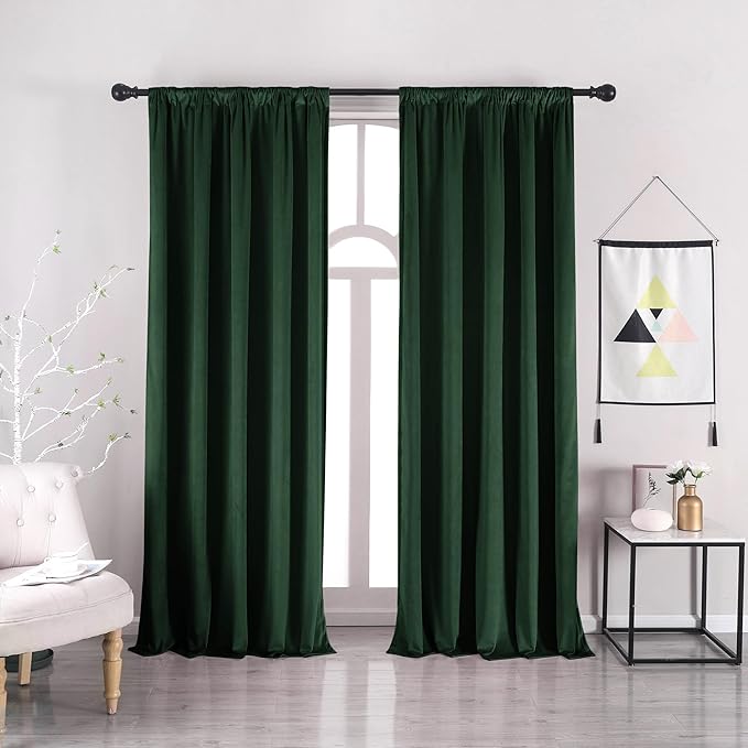 nanbowang Dark Green Velvet Curtains - 42 Inches Width 63 Inches Long Soft Curtain Rod Pocket Thermal Insulated Window Treatment for Bedroom 2 Panels