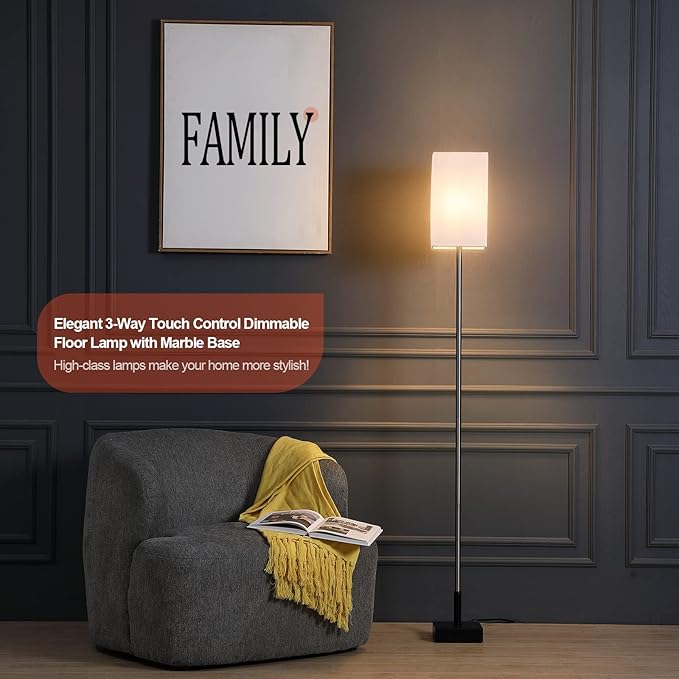 Floor Lamp, 3-Way Touch Control Dimmable Standing Lamp with Sturdy Marble Base, Brushed Nickel Touch Floor Lamp Tall Lamp with Square Linen Shade for Living Room, Bedroom, LED Bulb Included