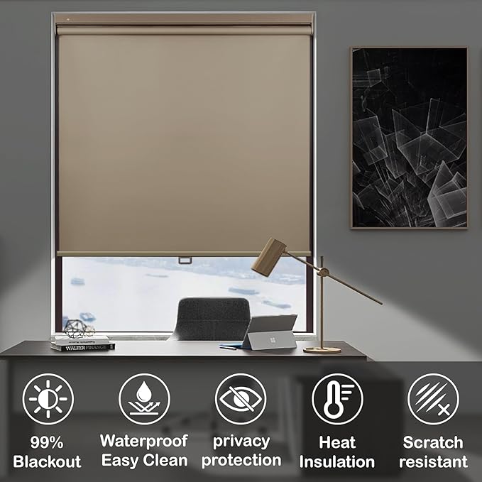 HESTIA No Drill Cordless Blackout Roller Shades Screwless Waterproof Shower Window Blinds, Auto-Retraction Easy Install Blind for Bathroom/Kitchen/Office/Exterior, Greige, 57.5" W x 72" H