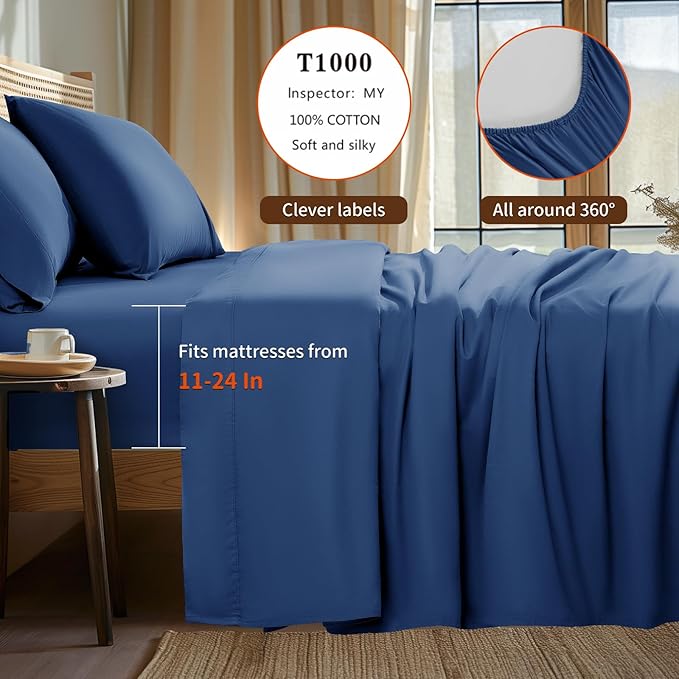 LBRO2M 100% Cotton Sheets Set Deep Pocket 24", 1000 Thread Count Queen Size 4 Piece Bed Sheet Sets Soft Comfortable Bedding All Season (Queen, Navy Blue)