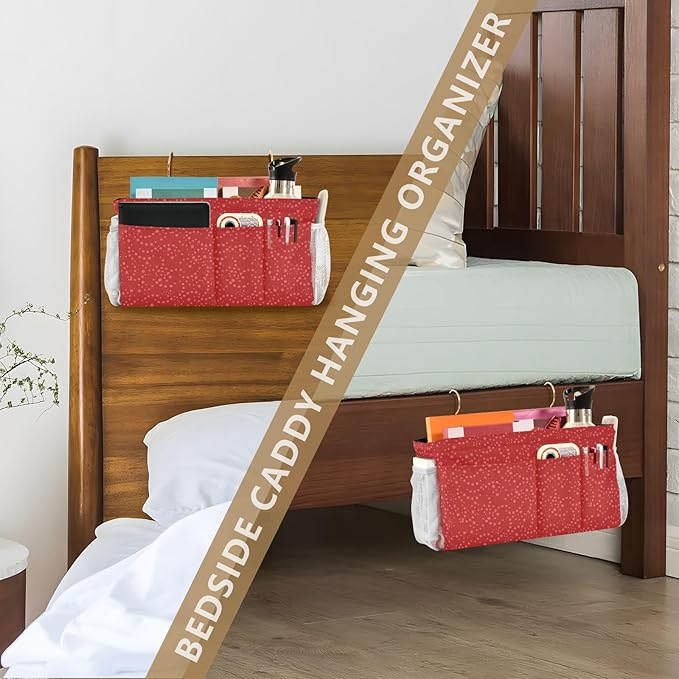 Bedside Caddy Hanging Bunk Bed Caddy Bed Organizer Hanging Pocket with 2 Hooks Bedside Storage Organizer Pocket Bag Holder Polka Dot Red