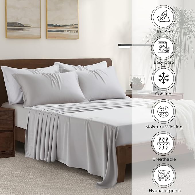 Luxury Bamboo Market | Queen Size Bed Sheet Set | 100% Viscose Made from Bamboo | Organically Grown | Ultra Soft | Cooling Sheets for Hot Sleepers | 17" Deep Pocket [Dove Grey]