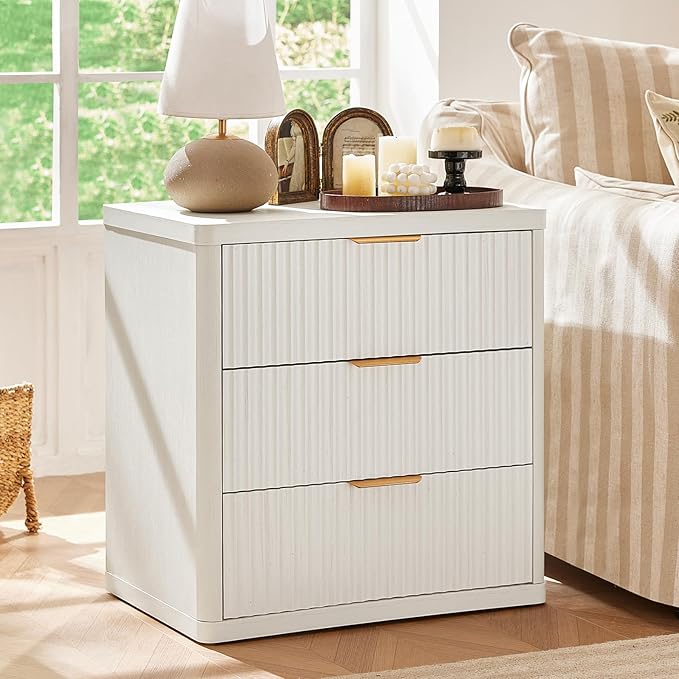 LEYAOYAO 48" Wide Fluted Dresser and 3 Drawers 23" Nightstand Set of 2, Wooden Dresser & Night Stand with Charging Station, 3 Piece Bedroom Furniture Set, Chest of Drawer for Living Room,Antique White