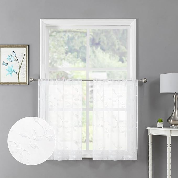 Tollpiz White Leaf Sheer Tier Curtain Leaves Embroidered Kitchen Curtains Rod Pocket Voile Bathroom Window Treatment for Cafe, 30 x 36 inches Long, Set of 2 Panels
