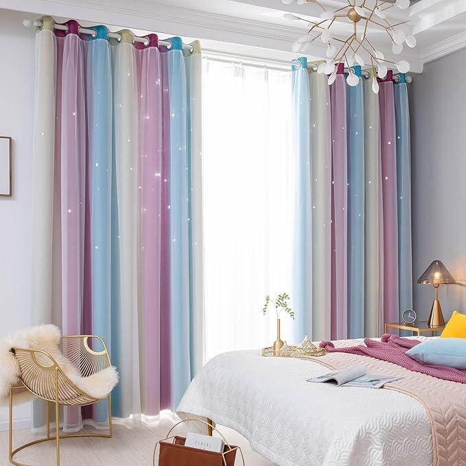 Star Blackout Curtains - Bedroom & Kids Rainbow Curtains, 108 Inch Long, Purple & Blue, 42 x 108 Inch, 2 Panels
