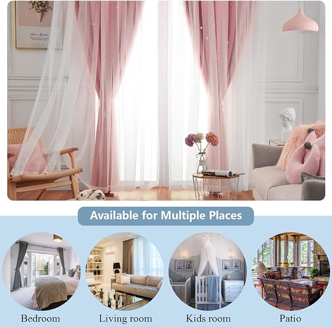 Star Curtains Double Layer Curtains Blackout Curtains for Bedroom Kids Cute 96 Inches Long 2 Panels Set, Pink, 42 X 96 Inches