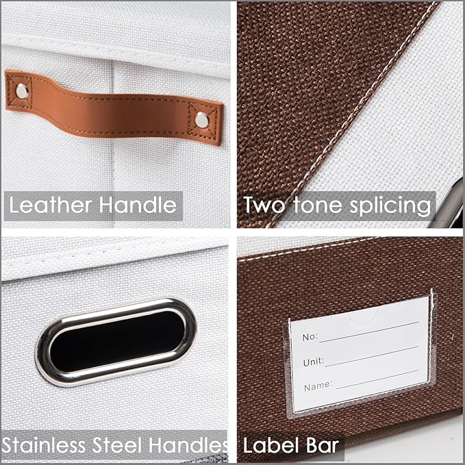 PRANDOM Foldable Storage Bins with Lids [3-Pack] Fabric Collapsible Storage Boxes Baskets Cubes Containers with Handles for Closet Living Room Bedroom (Brown & White 17.7x11.8x11.8'')