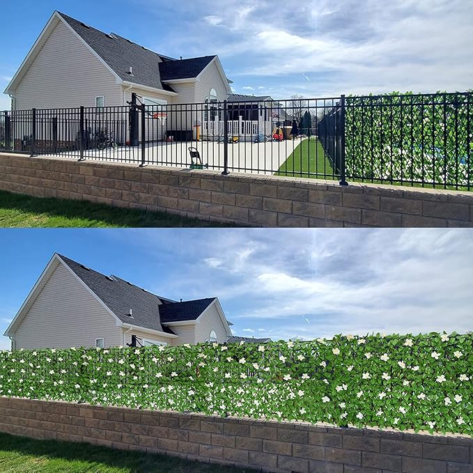 GLANT Expandable Fence Privacy Screen for Balcony Patio Outdoor,Decorative Faux Ivy Fencing Panel,Artificial Hedges (Single Sided Leaves) (1, Green-Flowers)