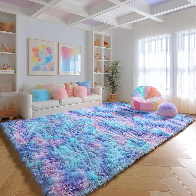PAGISOFE Soft Purple Rainbow Rugs for Living Room, Fluffy 5x7 Area Rug, PlushCute Kawaii Rug for Bedroom Kids Room Baby Nursery, Girls Room Decor Mermaid Rugs Fuzzy Fur Pastel Carpet, Cozy Cloud Rug