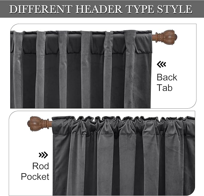 RYB HOME Grey Velvet Curtains 72 inches Long - Super Soft Blackout Curtains Thermal Insulated Drapes for Bathroom Baby Room, Wide 52 x Long 72, Grey, 2 Panels