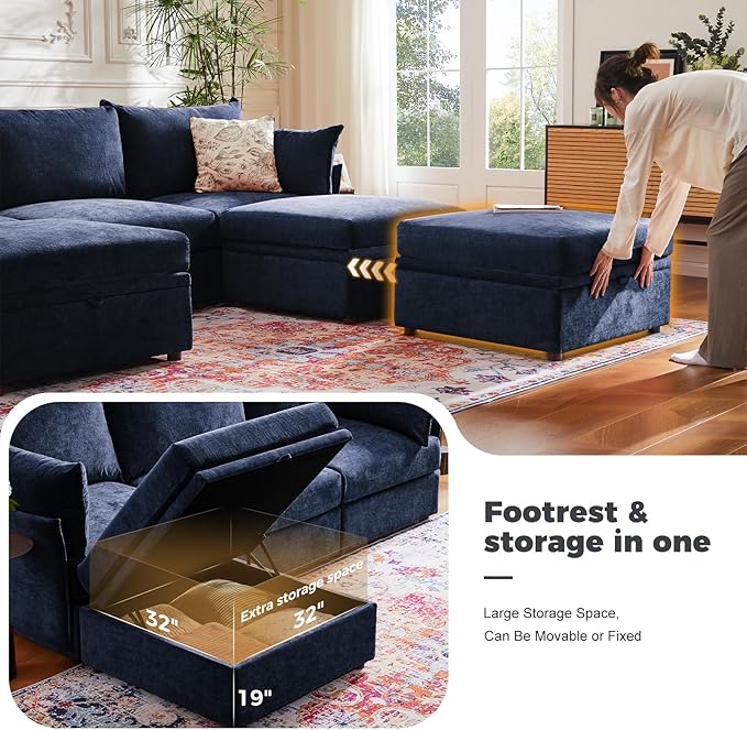 ABCASA 136.4" Oversized Modular Sectional Sleeper Sofa Bed, U Shaped Convertible Couch with Movable Ottoman, Large 8 Seat Corner Couches for Living Room Deep Seat Blue Chenille
