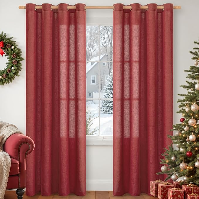 YoungsTex Red Linen Curtains 80 Inch Length for Living Room, Light Filtering Window Drapes Semi Sheer with Bronze Grommet Privacy for Bedroom, 52 x 80 Inch, 2 Panels