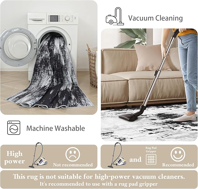 3x6 Kitchen Hallway Runner Rug: Long Washable Rug Runner Non-Slip Indoor Abstract Rugs - Low Pile Soft Floor Runners for Bedroom Living Room Dining Entryway Bathroom Laundry Black White 3x6