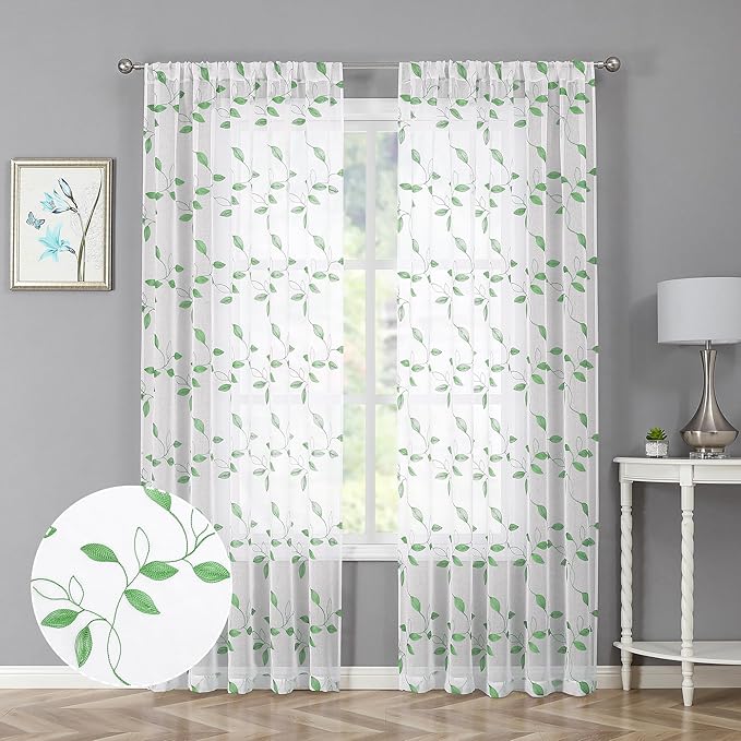 Tollpiz Green Leaf Sheer Curtain Leaves Embroidered Living Room Curtains Rod Pocket Voile Window Treatment for Bedroom, 54 x 72 inches Long, Set of 2 Panels