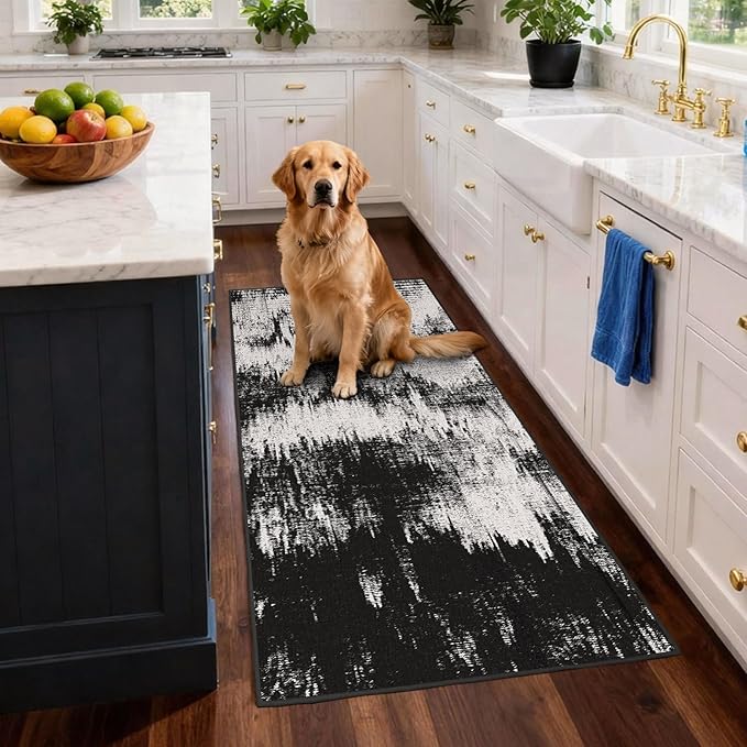 3x6 Kitchen Hallway Runner Rug: Long Washable Rug Runner Non-Slip Indoor Abstract Rugs - Low Pile Soft Floor Runners for Bedroom Living Room Dining Entryway Bathroom Laundry Black White 3x6