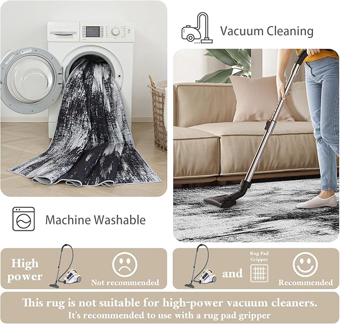 5x7 Area Rug Living Room Rugs - Machine Washable Neutral Abstract Rugs for Dinning Room Indoor Floor Non Silp Rug Carpet for Bedroom Home Office - Black White
