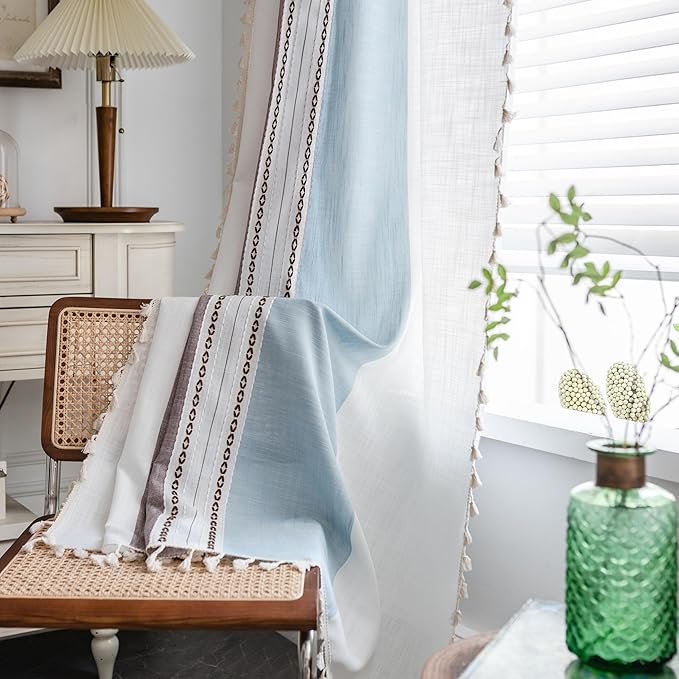 Sutuo Home Boho Curtains 72 inches for Bedroom Living Room, Semi Blackout Linen Farmhouse Tassels Window Treatment Bohemian Embroidery Drape, Rod Pocket 1 Panel 52" W x 72" L, Brown Blue Striped Linen