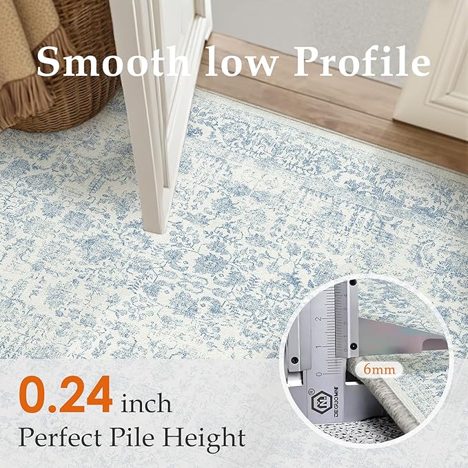 Blue Area Rug 8x10 Machine Washable Large Vintage Living Room Distressed Non Slip Carpet Traditional Indoor Bedroom Retro Floral Accent Throw Rug for Office Kitchen Dining Room