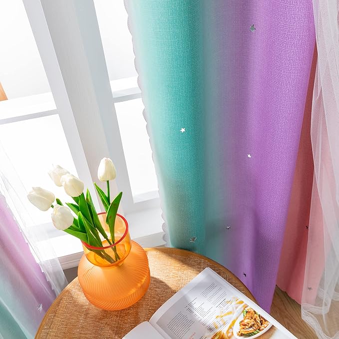 Blackout Curtains for Girls Room, Kids Bedroom 62 Inch Pink Rainbow Unicorn 1 Panels, Blackout Lining Window Wall Decor with Tie Backs