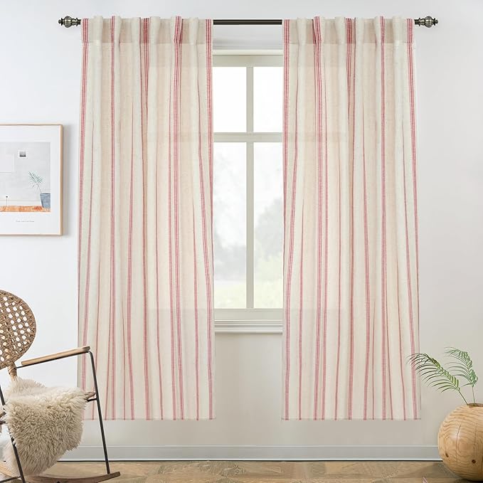 DriftAway Farmhouse Vertical Striped Linen Blend Textured Light Filtering Semi Sheer Curtains for Living Room Bedroom 63 Inches Long Drapes 2 Panels Linen Red