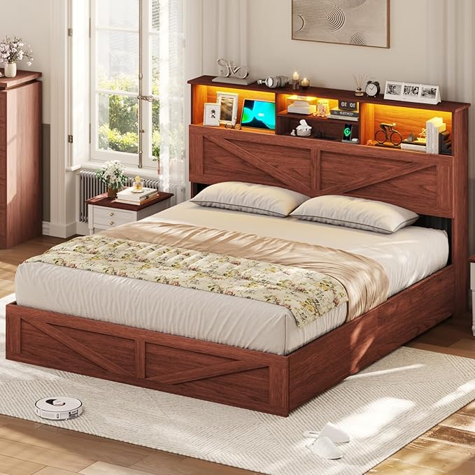 VIAGDO Farmhouse Bed Frame Full Size with Bookcase Storage Headboard, Charging Station and LED Lights, Wooden Full Bed Frame with 4 Drawers, Barn Door Design, No Box Spring Needed, Reddish Brown