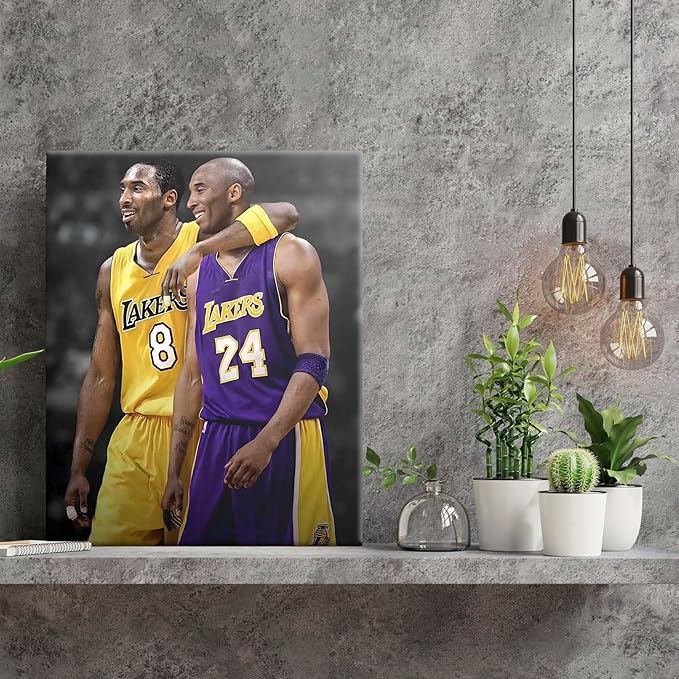 Kobe Bryant Canvas Wall Art Print Poster, Iconic Basketball Player Dual-Era Tribute Artwork, No. 8 and No. 24 Jersey Mamba Mentality Wall Decor for Home Gym Dorm Office Living Room, Framed 8x10inch