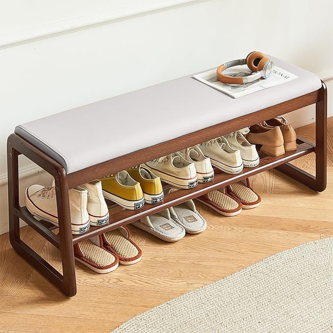 Solid Wood Shoe Bench, 2-Tier Wooden Storage Entryway Bench, Small Entryway Bench, Mid-Century Modern Bedside Bench with Faux Leather Cushion for Dining Room Living Room, Cream Grey 21.65''