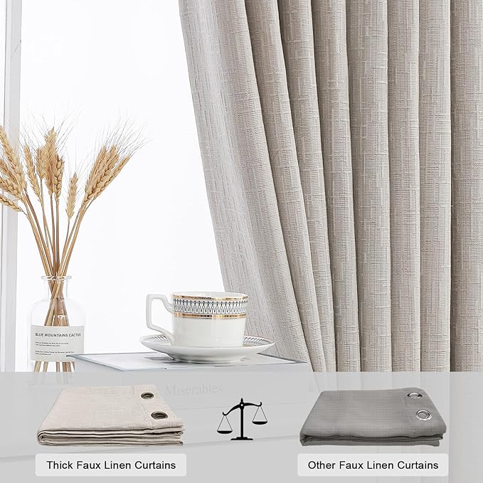 Jacquard Linen Curtains 72 inch Length 2 Panels Thick Faux Linen Blended Window Drapes Burlap Textured Curtains with Grommet for Living Room Bedroom Farmhouse (52x72 Beige) Natural