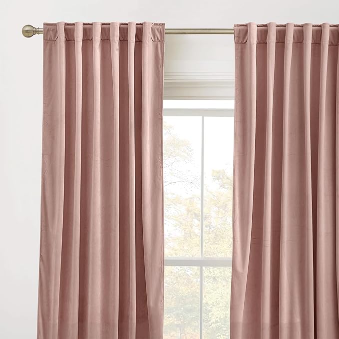 RYB Home Dusty Pink Velvet Curtains 96 inches Length - Thermal Insulated Back Tab Panel Soft Vertical Sense Window Decor for Baby Room Farmhouse, Width 52 x Length 96 inch, 2 Panels