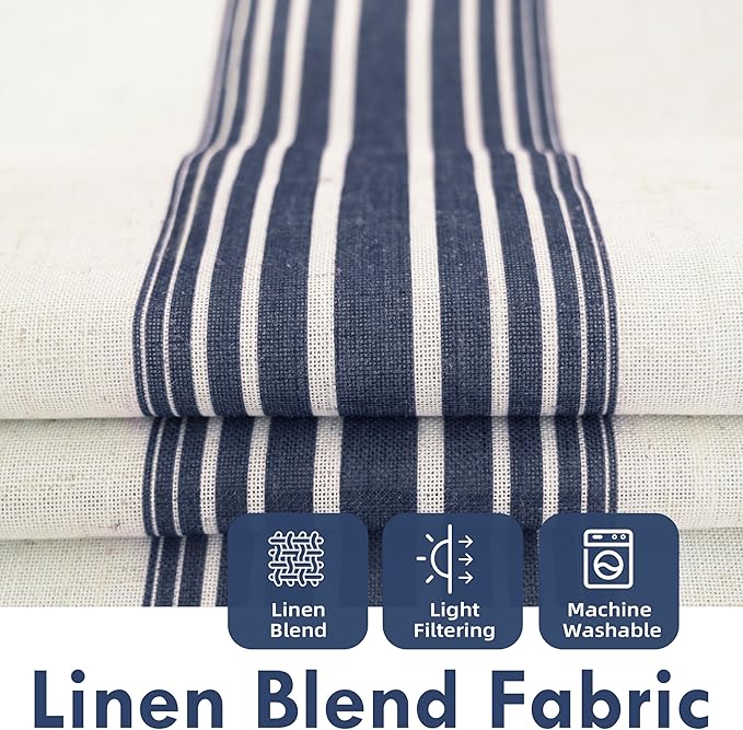DriftAway Farmhouse Vertical Striped Linen Blend Textured Light Filtering Semi Sheer Curtains for Living Room Bedroom 108 Inches Long Drapes 2 Panels Broad Striped Dark Navy