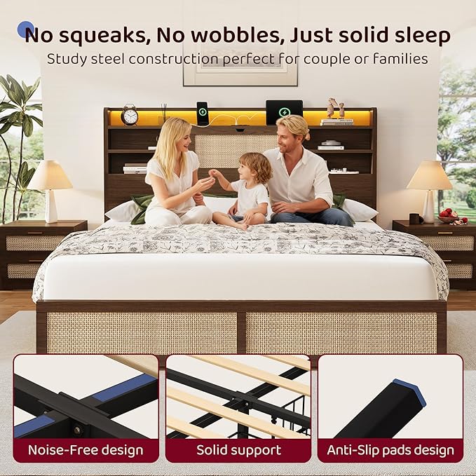 Queen Size Rattan Bed Frame with 4 Storage Drawers and Hidden Storage Headboard Wooden Platform Bed Frame with LED Lights and Charging Station, No Box Spring Needed, Easy Assembly, Brown