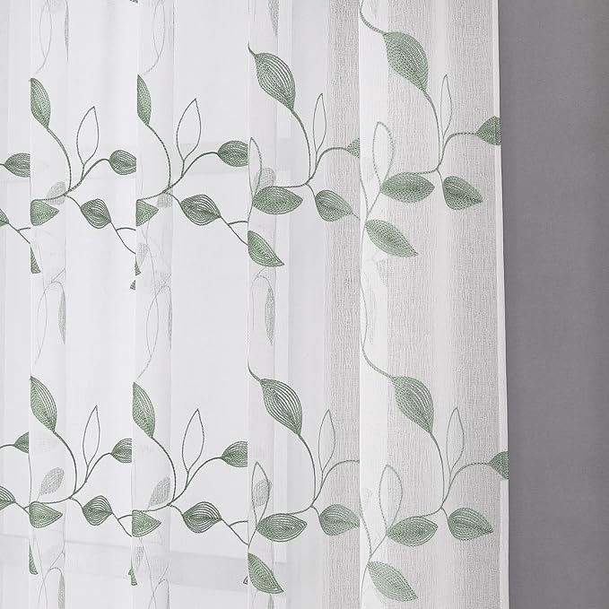 Tollpiz Sage Green Leaf Sheer Curtains Leaves Embroidered Living Room Short Curtain Rod Pocket Voile Window Treatments for Bedroom, 54 x 45 inches Long, Set of 2 Panels