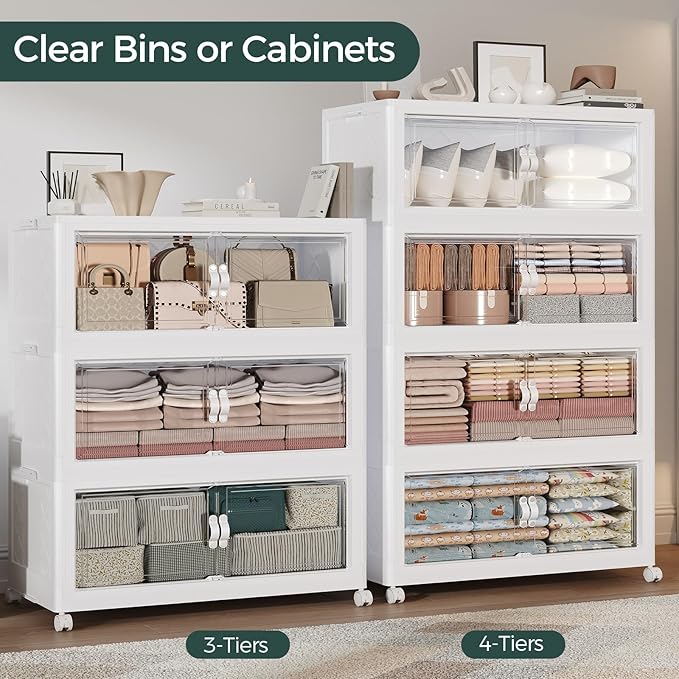 1100QT Extra Large Stackable Storage Bins with Lid, 275Gal Collapsible Storage Box with Wheels and Doors, Plastic Closet Organizer and Storage Cabinet for Home Kitchen Office Dorm, 5Pack White