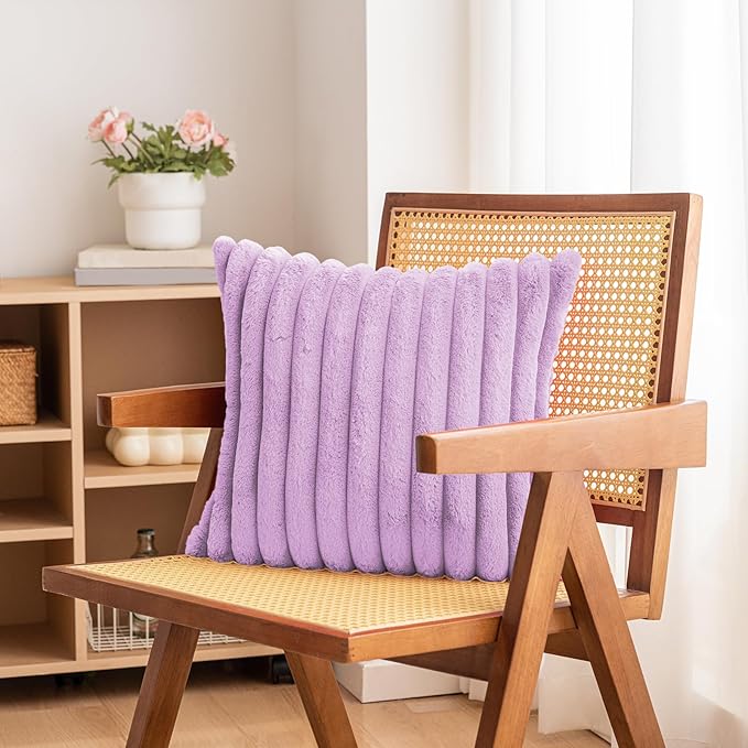 Double-Sided Faux Fur Plush Throw Pillow Covers 24x24 Set of 2 Fuzzy Striped Soft Cozy Pillowcase Luxury Decorative Pillows Square Fluffy Cushion Cover for Couch Bed Living Room,Purple