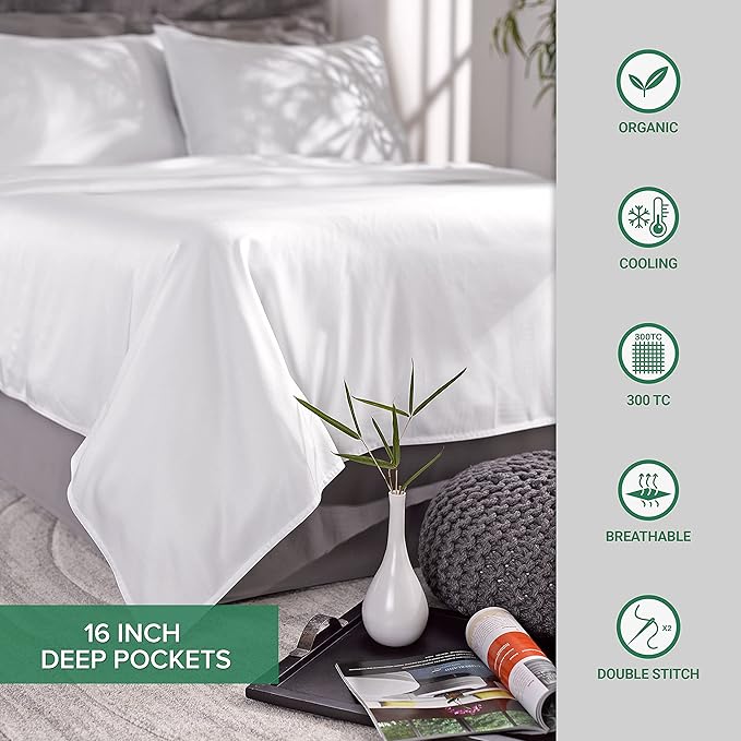Pure Bamboo Queen Sheets, Genuine 100% Organic Viscose Derived from Bamboo Bed Sheet Set, Luxuriously Soft & Cooling, Double Stitching, 2 Year Quality Promise (Queen, Jacquard White)